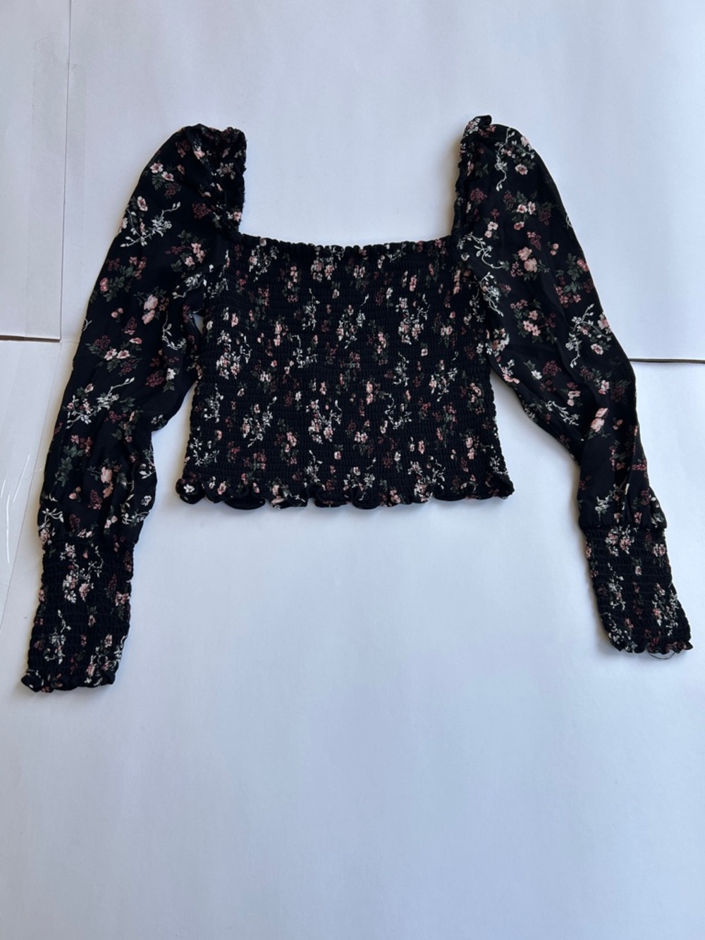 Reformation Black Floral Smocked Square-Neck Crop Top